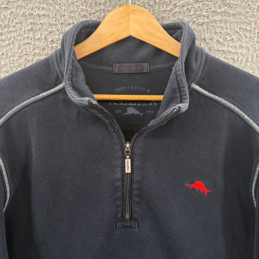 Tommy Bahama Relax Quarter Zip Pullover Mens Large Navy Blue Cotton Marlin Logo
